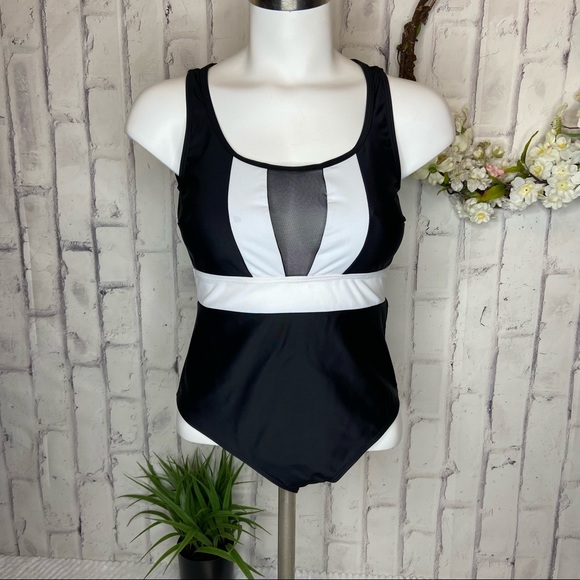 NEW Black White Mesh One Piece Swimsuit Small - Picture 2 of 12